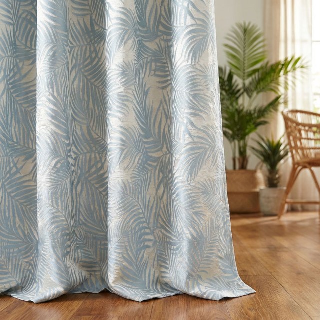 Tropical Bliss 3D Jacquard Duck Egg Blue Palm Leaves Curtain 1