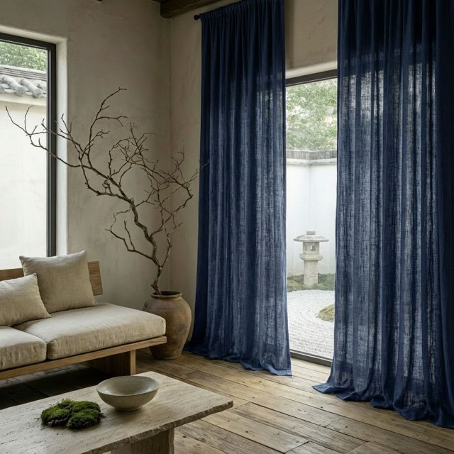 Wabi Sabi Pure Flax Linen Navy Blue Sheer Curtain 1