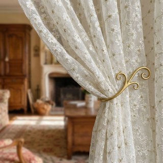 Summertime Embroidered Daisy White Sheer Curtain with Gold Details