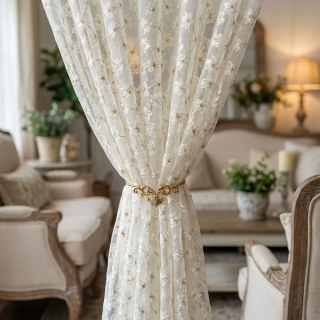 Summertime Embroidered Daisy White Sheer Curtain with Gold Details 4