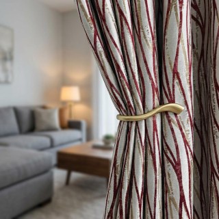 Woven Drift Abstract Geometric Burgundy Wine Red Curtain with Metallic Gold Accents 2