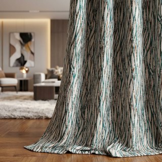 Woven Drift Abstract Geometric Teal Curtains with Metallic Gold Accents
