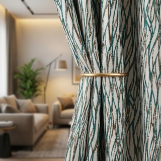 Woven Drift Abstract Geometric Teal Curtains with Metallic Gold Accents 2