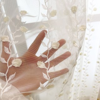Floral Fantasy 3D Embroidered Scallop Edged Ivory White Sheer Curtain 6