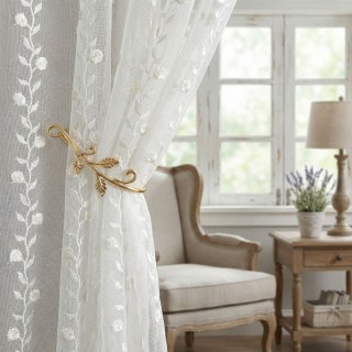 Floral Fantasy 3D Embroidered Scallop Edged Ivory White Sheer Curtain 2