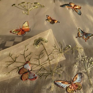 Butterfly Garden Embroidered Gold Shimmery Organza Sheer Curtain