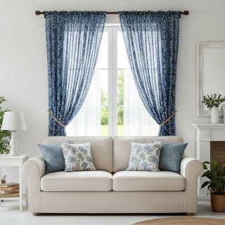 Pascal Navy Blue Vine Print Semi Sheer Curtain 3