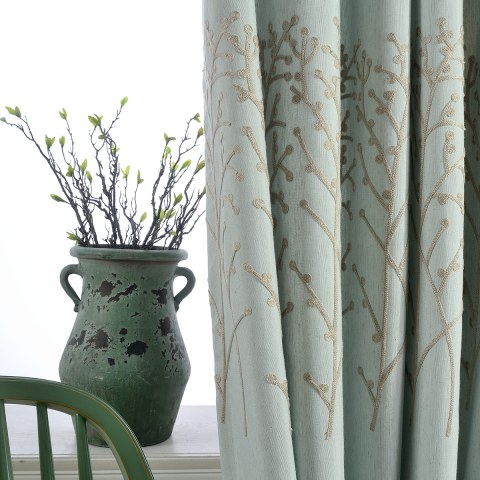 Trees of the Four Seasons Teal Blue Embroidered Curtain 2