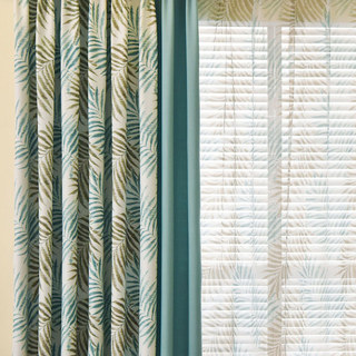 Palm Tree Leaves Blue Curtain with Blue Border 2