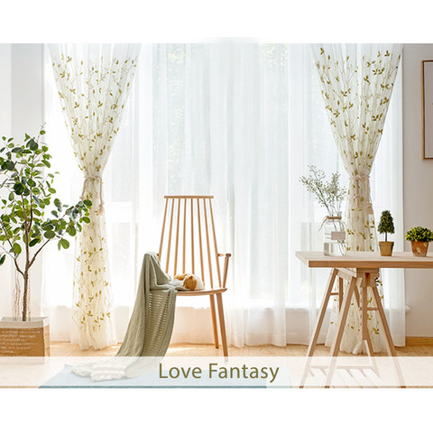 Love Fantasy Embroidered Chartreuse Green Leaf Sheer Curtain 1