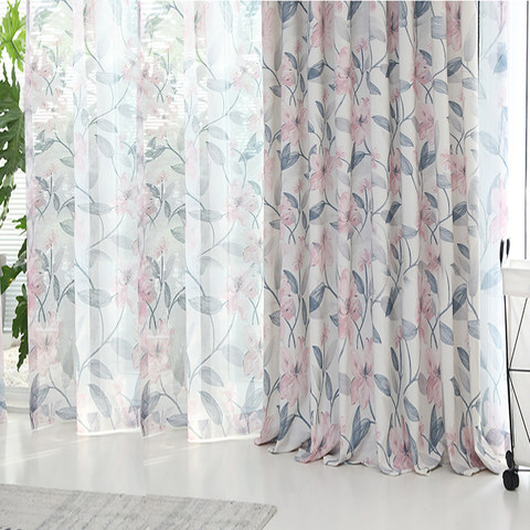 Spring Bloom Pink Floral and Foliage Print Sheer Curtains 1