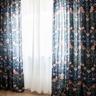 Bringing the Garden Indoors William Morris Strawberry Thief Dark Navy Blue Floral Jute Style Curtain 3
