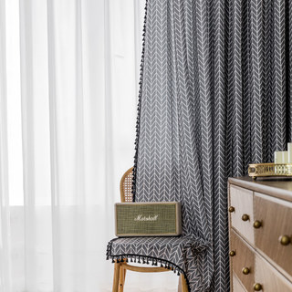 Shard Mid Century Modern Dark Charcoal Herringbone Curtain with Black Tassel 15