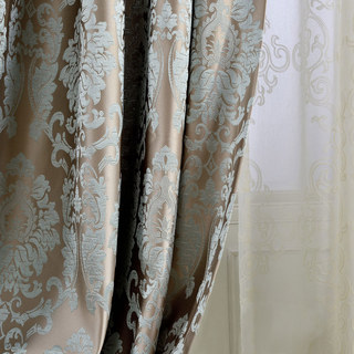 Demure Florals Damask Jacquard Blue Curtain Drapes 10