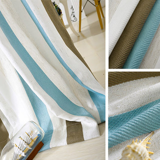 Riviera Turquoise Blue Brown and White Striped Cotton Blend Curtain