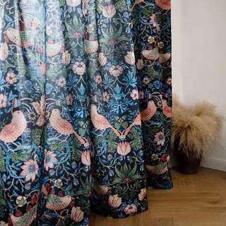 Bringing the Garden Indoors William Morris Strawberry Thief Dark Navy Blue Floral Jute Style Curtain 7