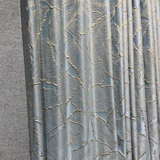Paradise Luxury Jacquard Tropical Leaves Pastel Blue Curtain with Gold Details 2