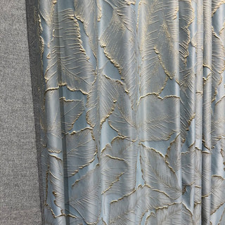 Paradise Luxury Jacquard Tropical Leaves Pastel Blue Curtain with Gold Details