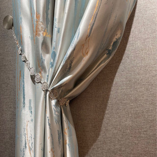 Misty Rain Jacquard Faux Silk Cream & Pastel Blue Floral Curtain With Gold Details 3