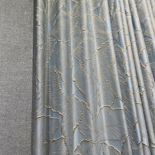 Paradise Luxury Jacquard Tropical Leaves Pastel Blue Curtain with Gold Details 3