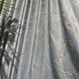 Paradise Luxury Jacquard Tropical Leaves Pastel Blue Curtain with Gold Details 5