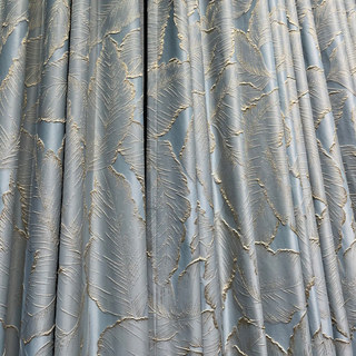 Paradise Luxury Jacquard Tropical Leaves Pastel Blue Curtain with Gold Details 4
