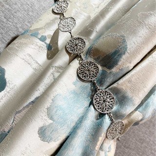 Secret Garden Jacquard Silky Satin Cream & Pastel Teal Floral Curtain with Gold Details 6