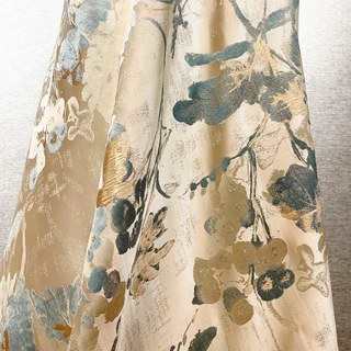 Secret Garden Jacquard Silky Satin Cream & Pastel Teal Floral Curtain with Gold Details 4