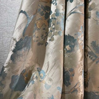 Secret Garden Jacquard Silky Satin Cream & Pastel Teal Floral Curtain with Gold Details 9