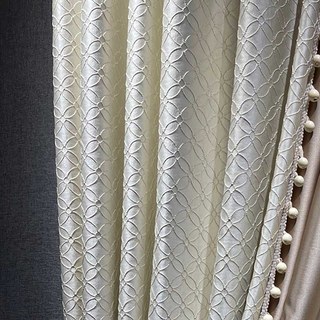Belle Fleur Luxury 3D Jacquard Quatrefoil Patterned Beige Cream Curtain with Gold Details 3